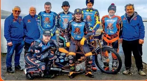 Buxton Bulls speedway riders and team members wearing coordinated club kit