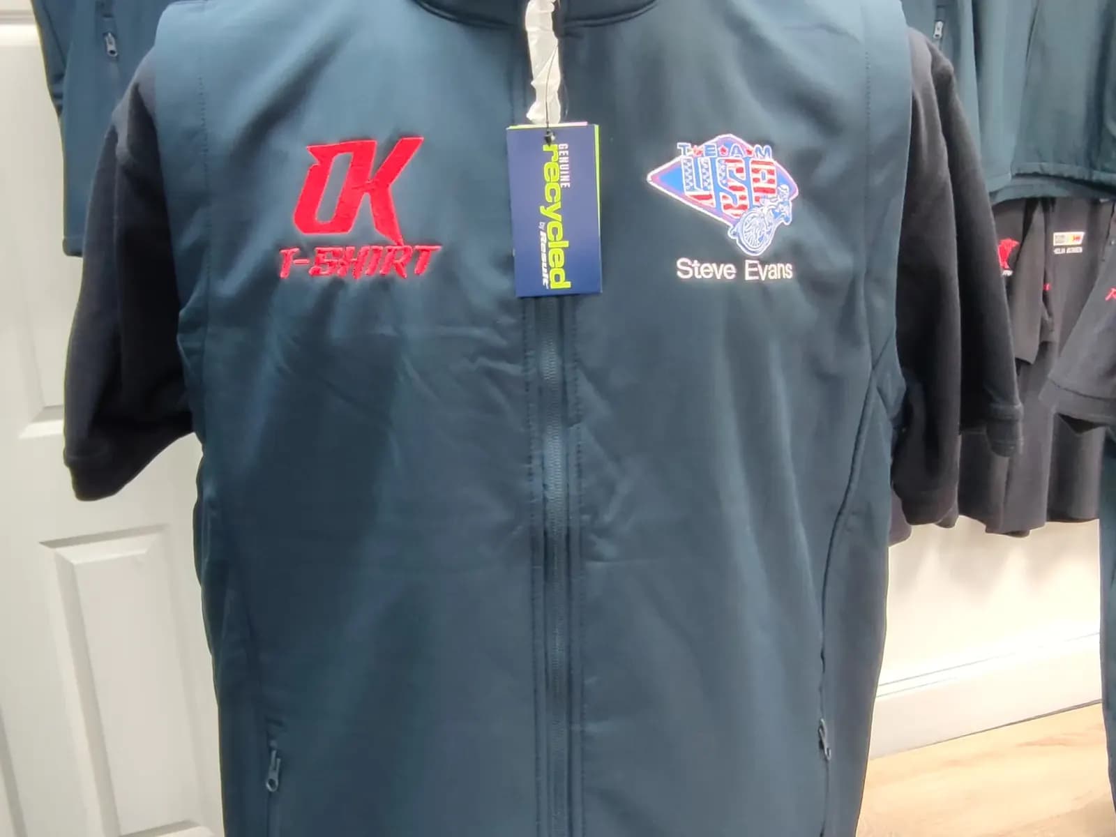 Detailed Team USA motorsport vest embroidery produced by OK T-Shirt