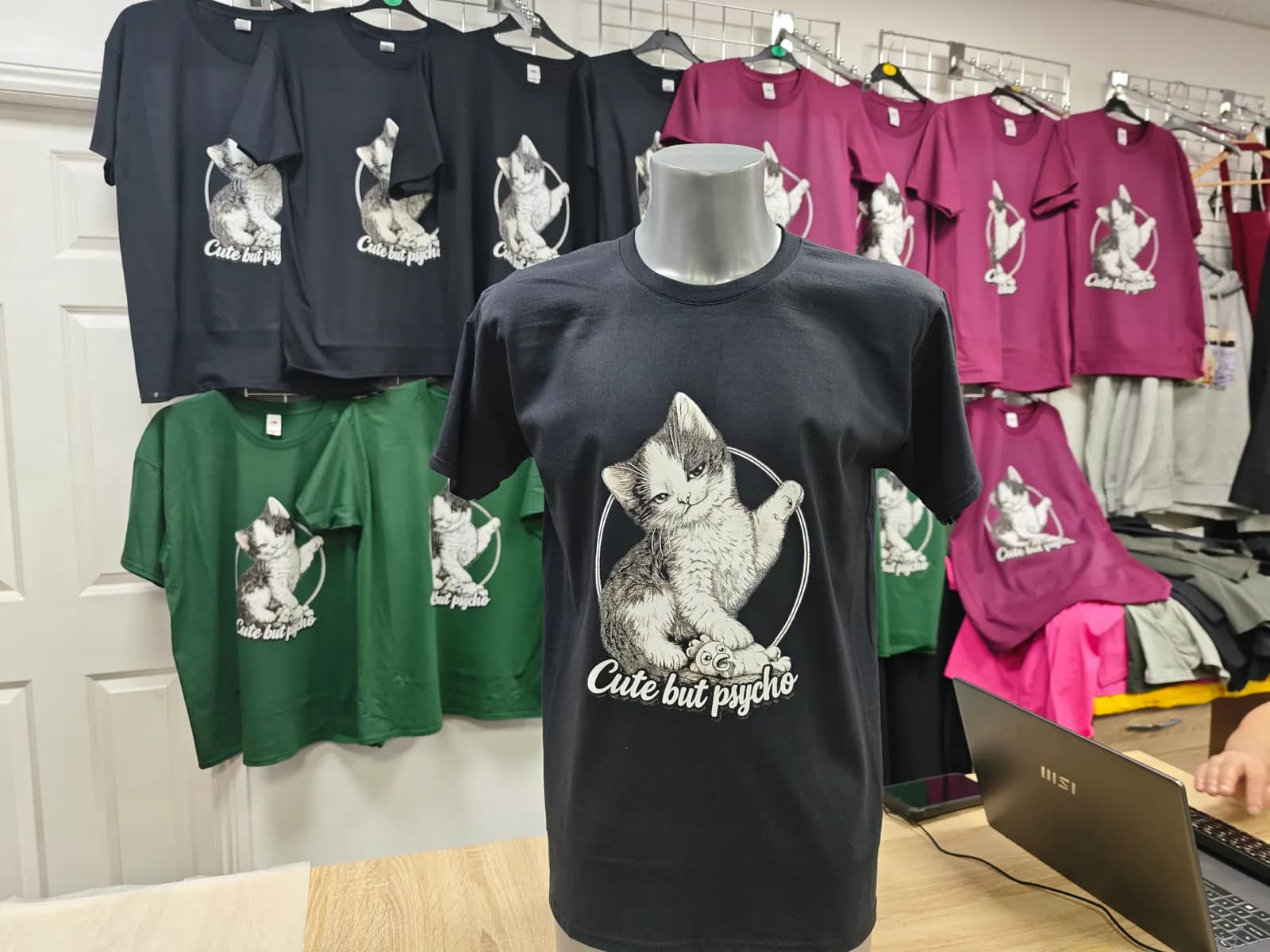 Black Cute But Psycho cat t-shirt printed in Birmingham by OK T-Shirt