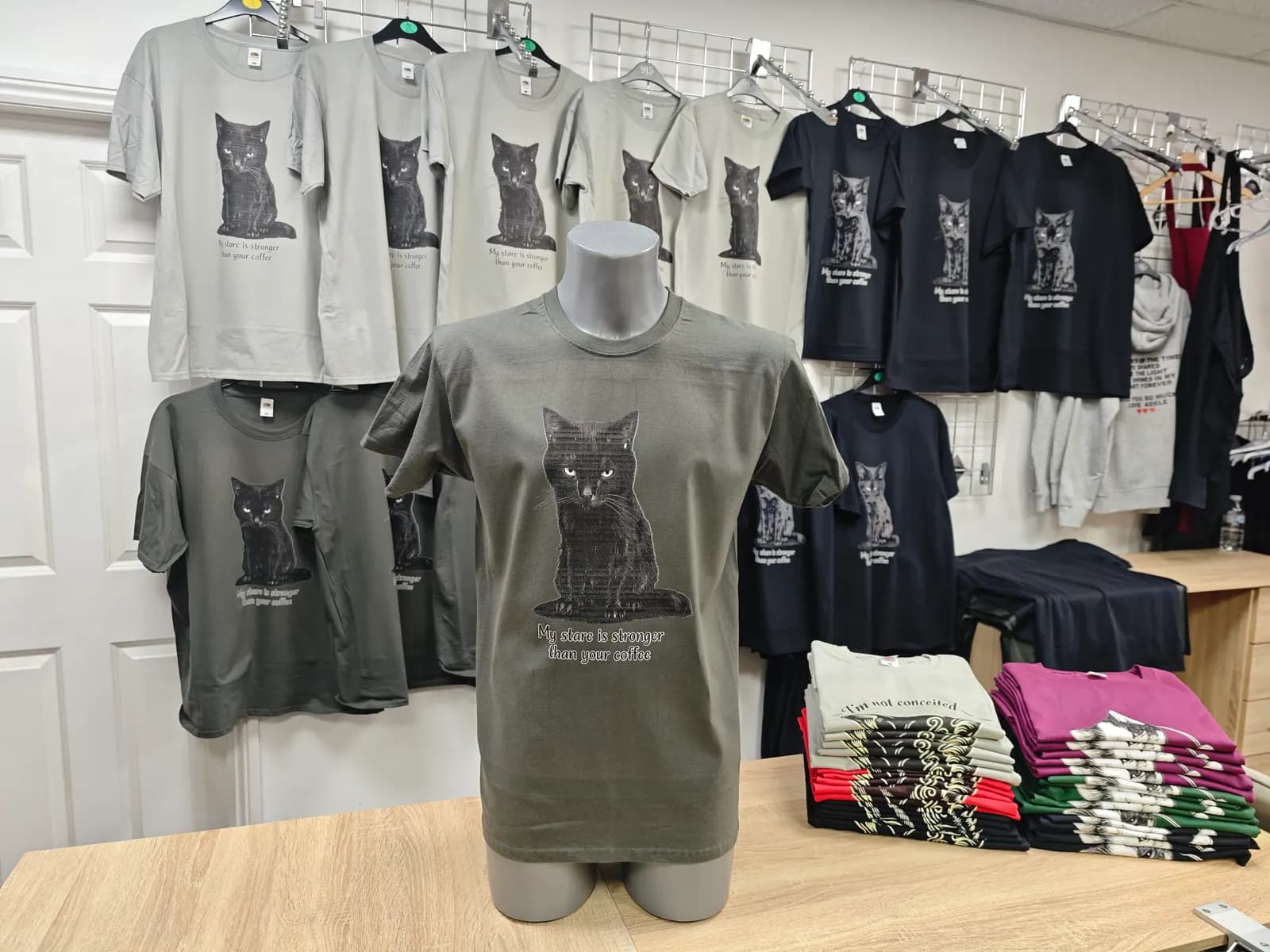 Charcoal cat graphic t-shirt printed by OK T-Shirt Birmingham