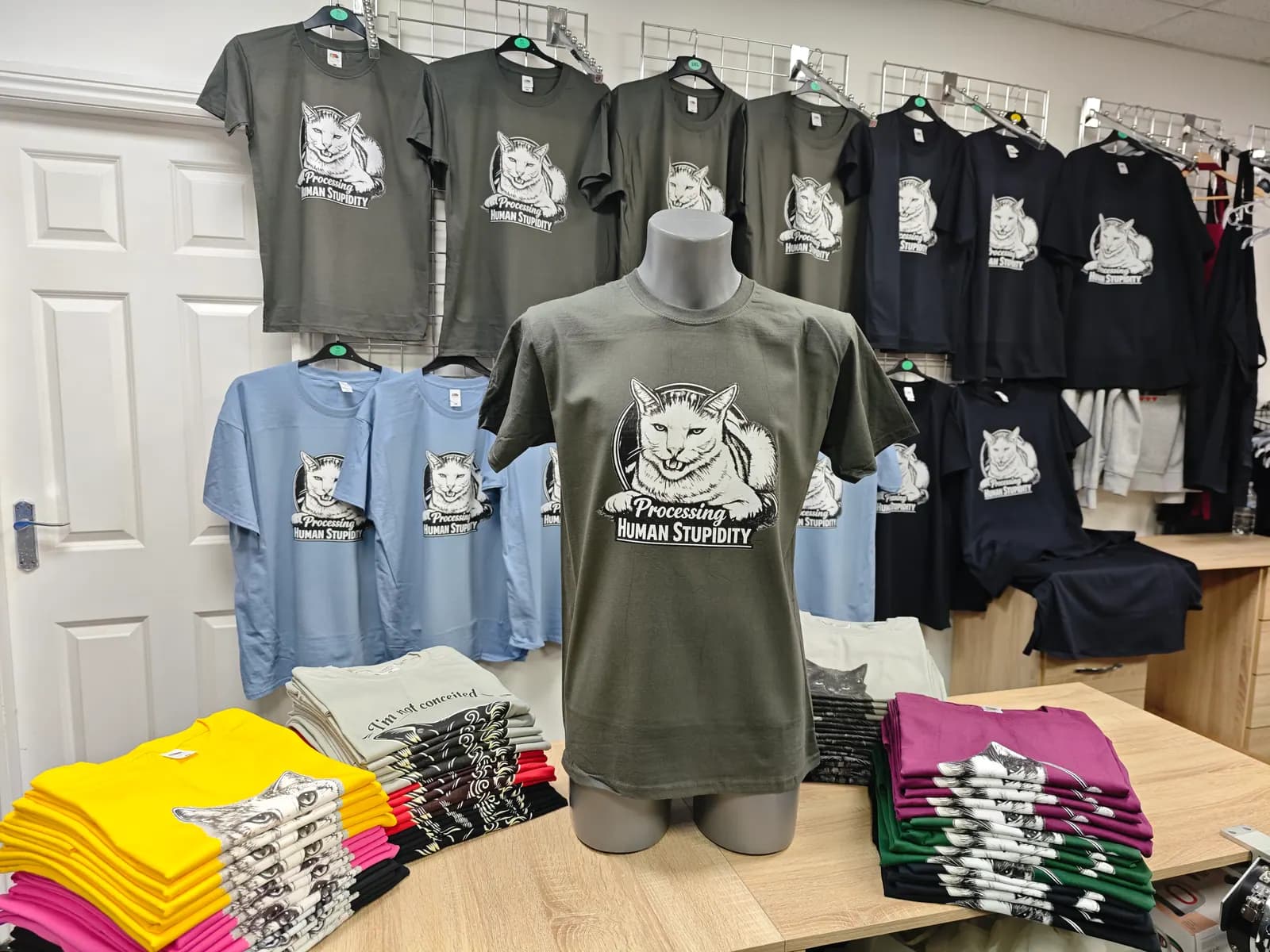 Charcoal Processing Human Stupidity cat t-shirt printed in Birmingham