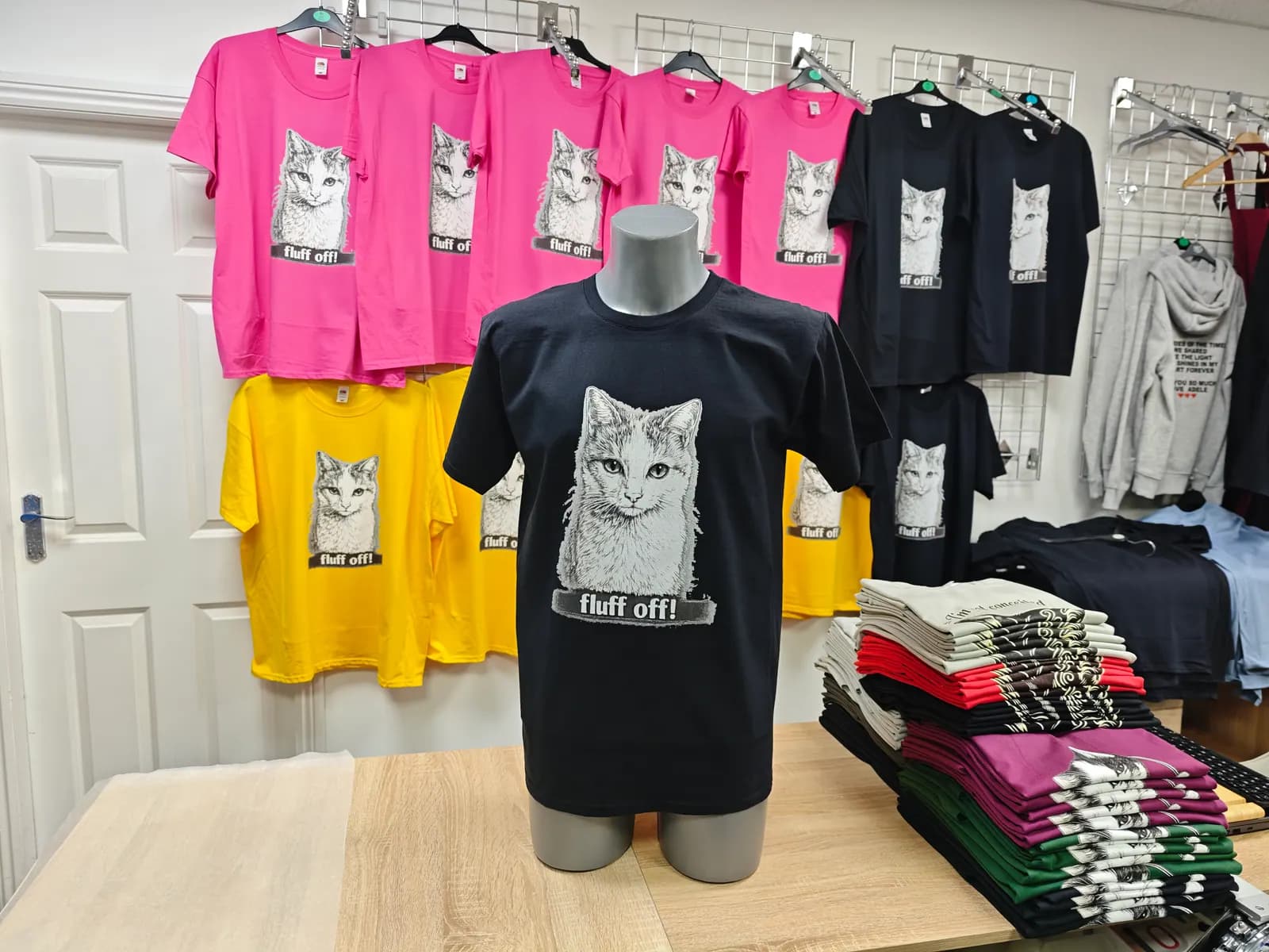 Black Fluff Off cat t-shirt printed by OK T-Shirt Birmingham