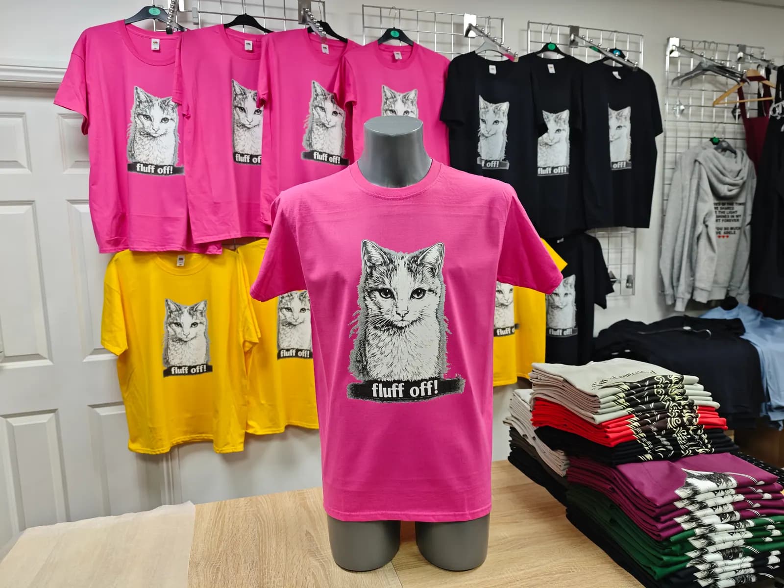 Pink Fluff Off cat t-shirt printed in Birmingham by OK T-Shirt