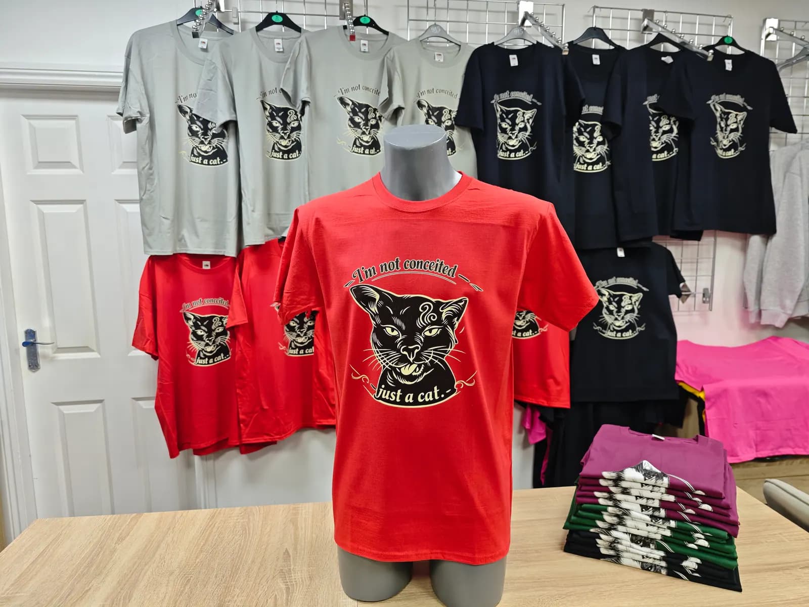 Red custom cat t-shirt from a 300 shirt Birmingham printing order