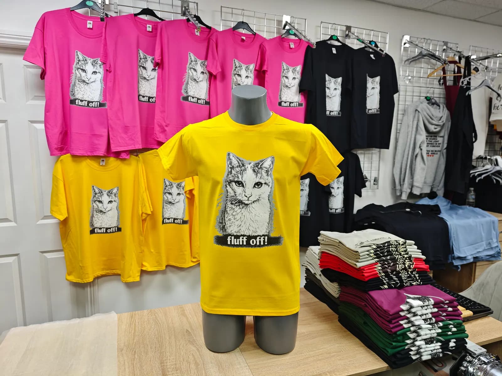 Yellow Fluff Off cat t-shirt printed in Great Barr Birmingham