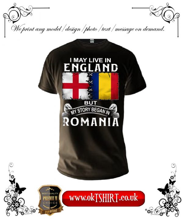 I may live in England but my story began in Romania black t-shirt-min