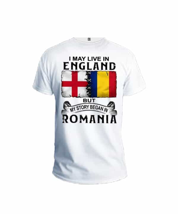 I may live in England but my story began in Romania white t shirt