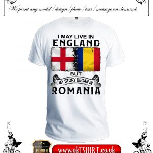 I may live in England but my story began in Romania men t-shirt