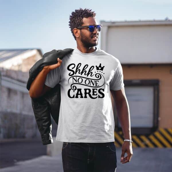 No one cares white man t shirt front min