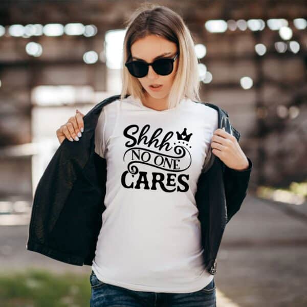 No one cares white woman t shirt front min