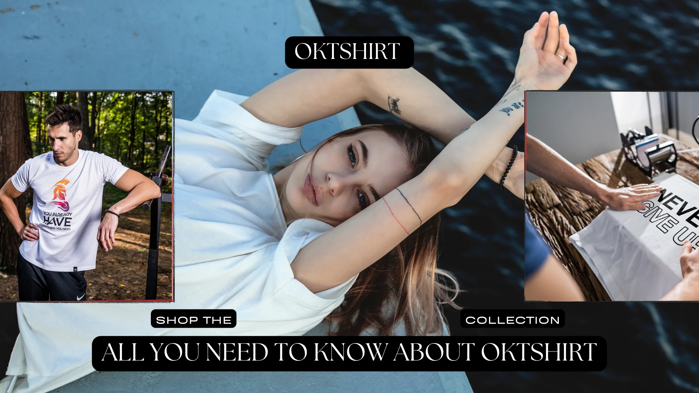 man in a white printed t-shirt and a lady sitting on the back