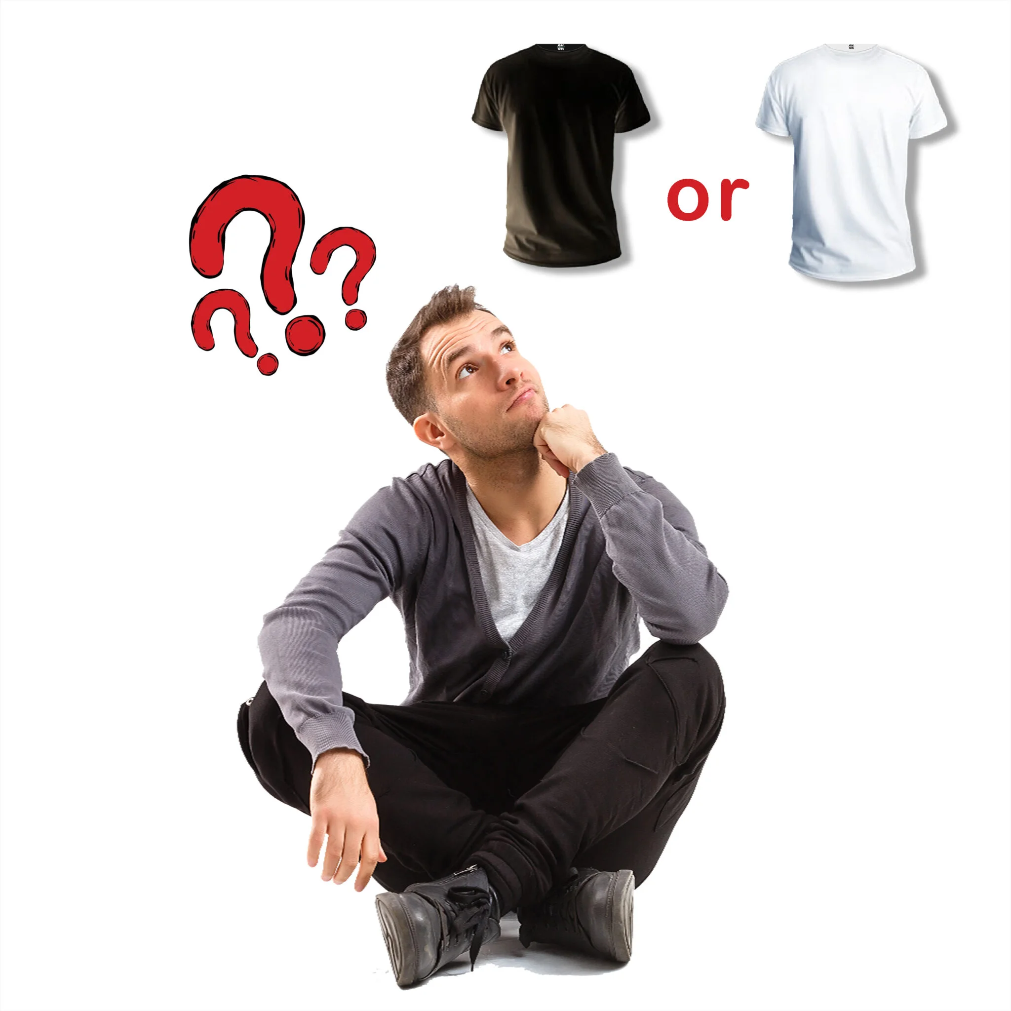 man thinking what color of the t-shirt should he buy - white or black